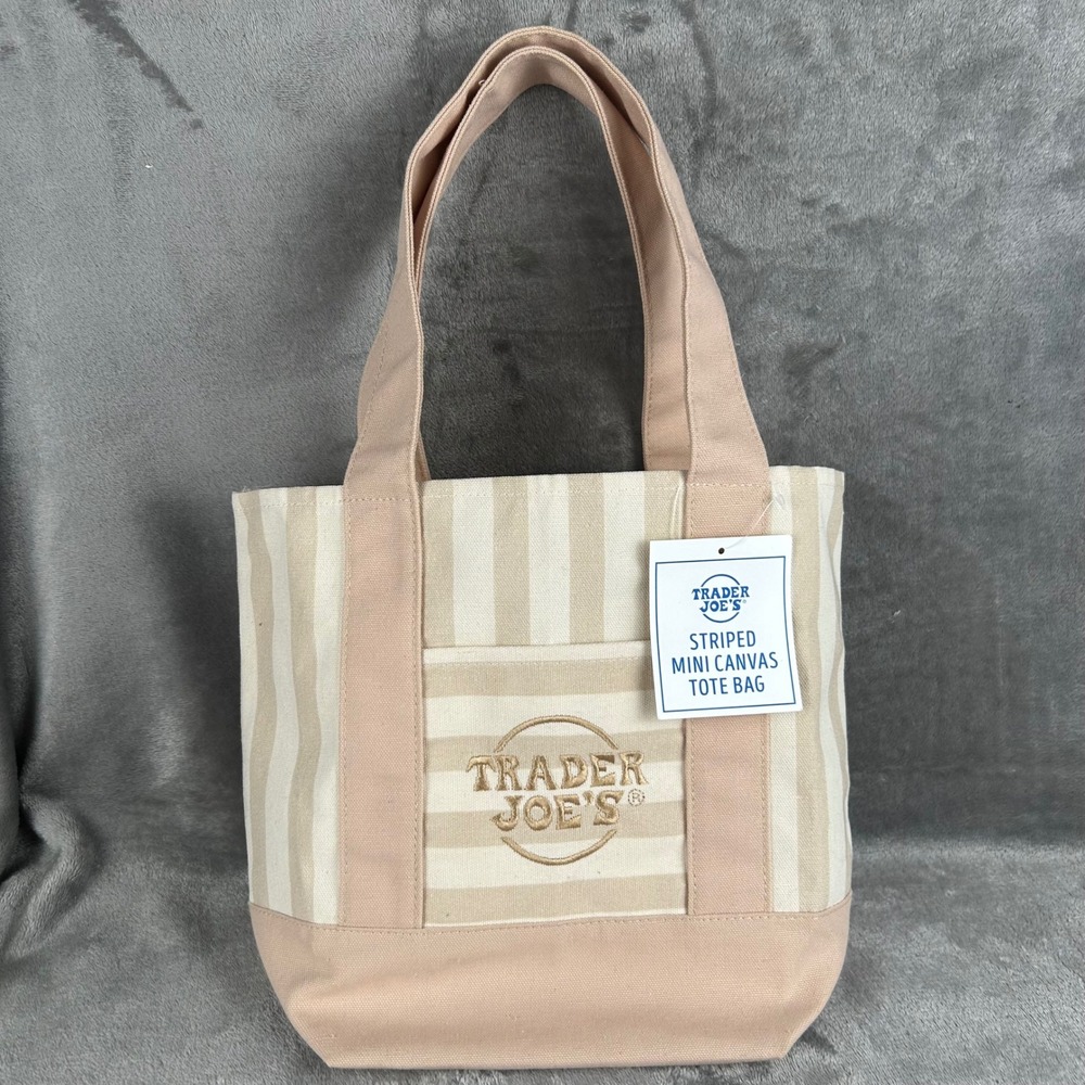Trader Joes Striped‎ Mini Canvas Tote Bag Peach Tan Limited Edition NWT